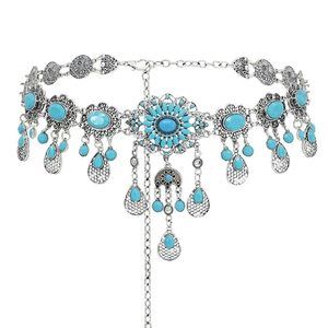 Vintage Flower Turquoise Chain Belts Pear Coin Pendant Metal Waist Belt🖖